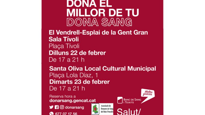 Nova campanya de donació de sang al Vendrell i Santa Oliva