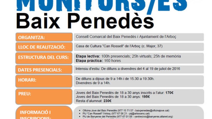 Cartell promocional del Curs de Monitors que tindrà lloc a l’Arboç