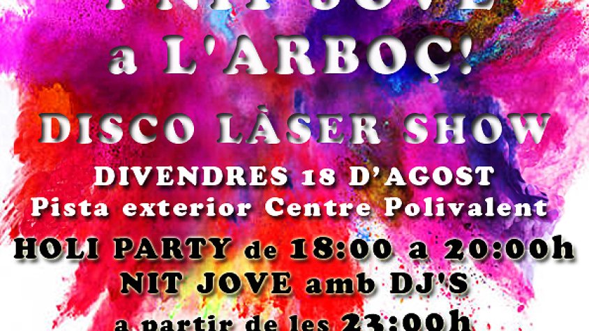Cartell promocional de la Holi Party i la Nit Jove de l’Arboç.