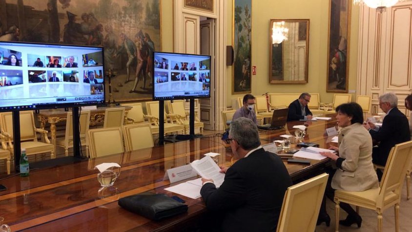 Pla general de la ministra d’Educació, Isabel Celaá, durant la conferència sectorial virtual amb els consellers, el 14-5-20. Foto. ACN