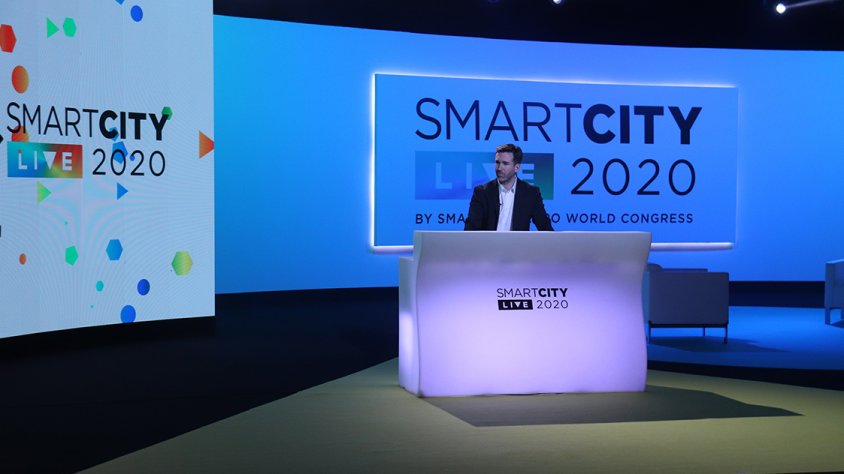 Pla obert del plato on s'està gravant l'Smart City Live, la versió digital del congrés Smart City Expo World Congress, a la seu de Mediapro el 17 de novembre del 2020.