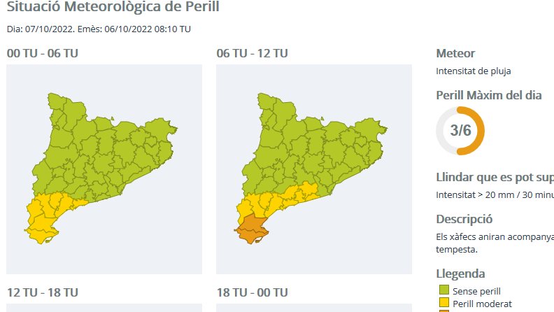 Protecció Civil activa l'alerta del Pla INUNCAT per la previsió de pluges intenses aquesta nit i demà, sobretot a les comarques del sud