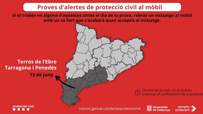 Demà es proven les alertes a mòbils de protecció civil a Tarragona, Terres de l’Ebre i Penedès