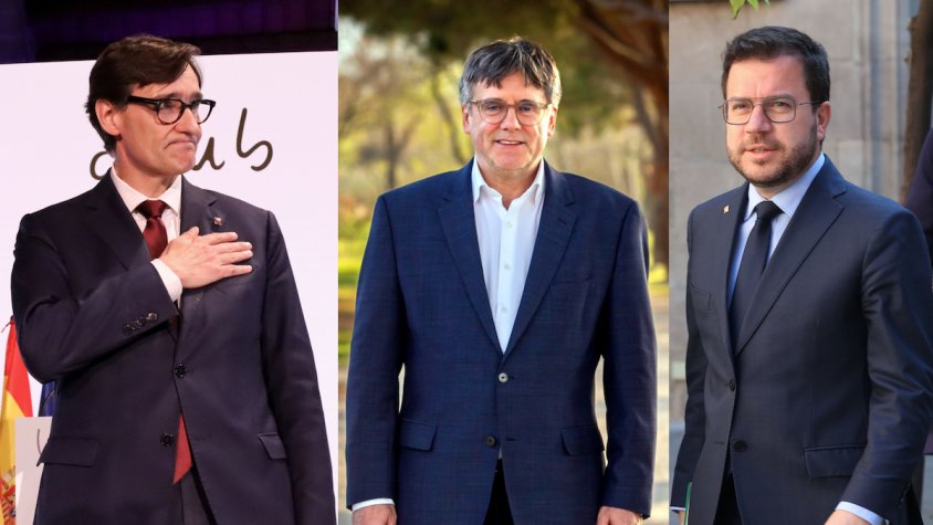 Salvador Illa, Carles Puigdemont i Pere Aragonès, candidats de PSC, Junts i ERC a les eleccions del 12-M. Autor: ACN