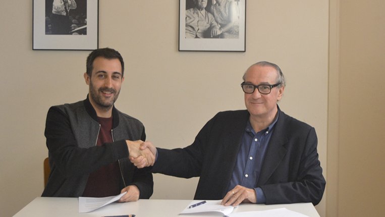 D'esquerra a dreta, Joan Magrané, president de la Federació de Joventuts Musicals de Catalunya, i Jordi Pardo, director general de la Fundació Pau Casals.